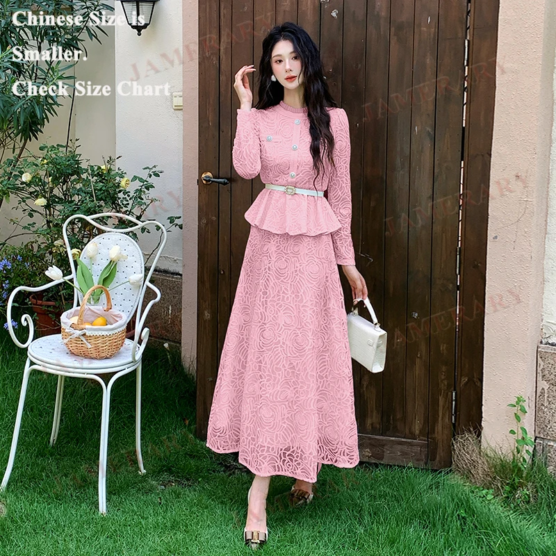 

Качественный бренд Лето-Осеннее длинное платье Кружевной комплект из двух предметов Женская блузка с жемчугом Куртка + длинные макси-юбки трапециевидной формы Костюмы из 2 предметов