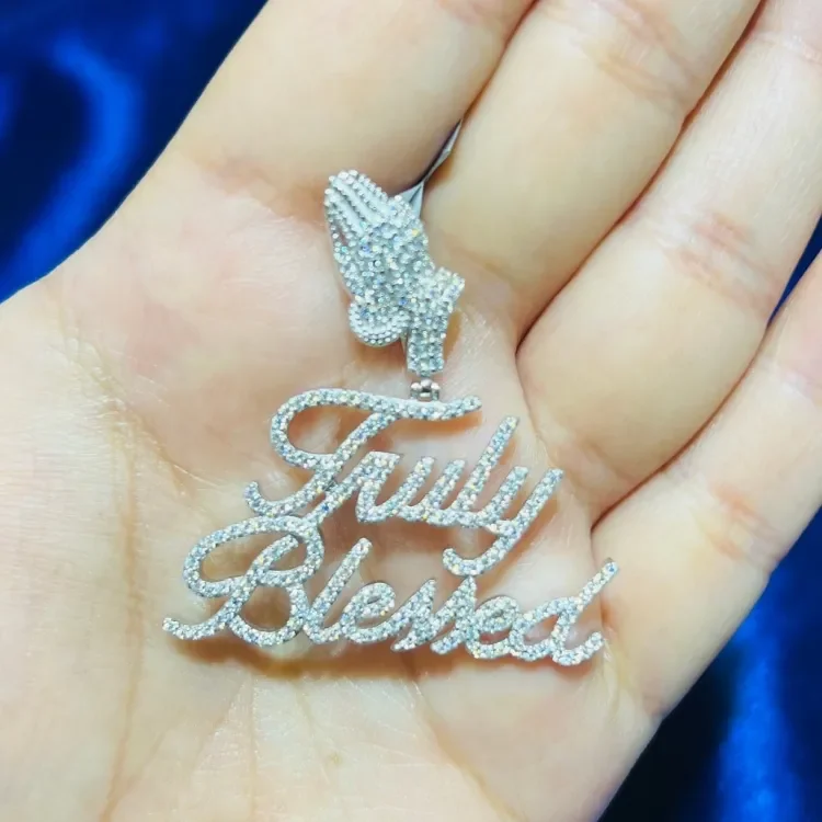 

Full Paved Praying Hand Bail Micro Pave 5A Cubic Zirconia CZ Letter Truly Blessed Hip Hop Men Pendant Necklace