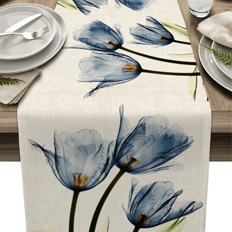 

Floral Table Runner Blue Tulip Cotton Linen Dresser Scarves Flower Rustic Tablerunner for Kitchen Coffee Bedroom Home Decoration