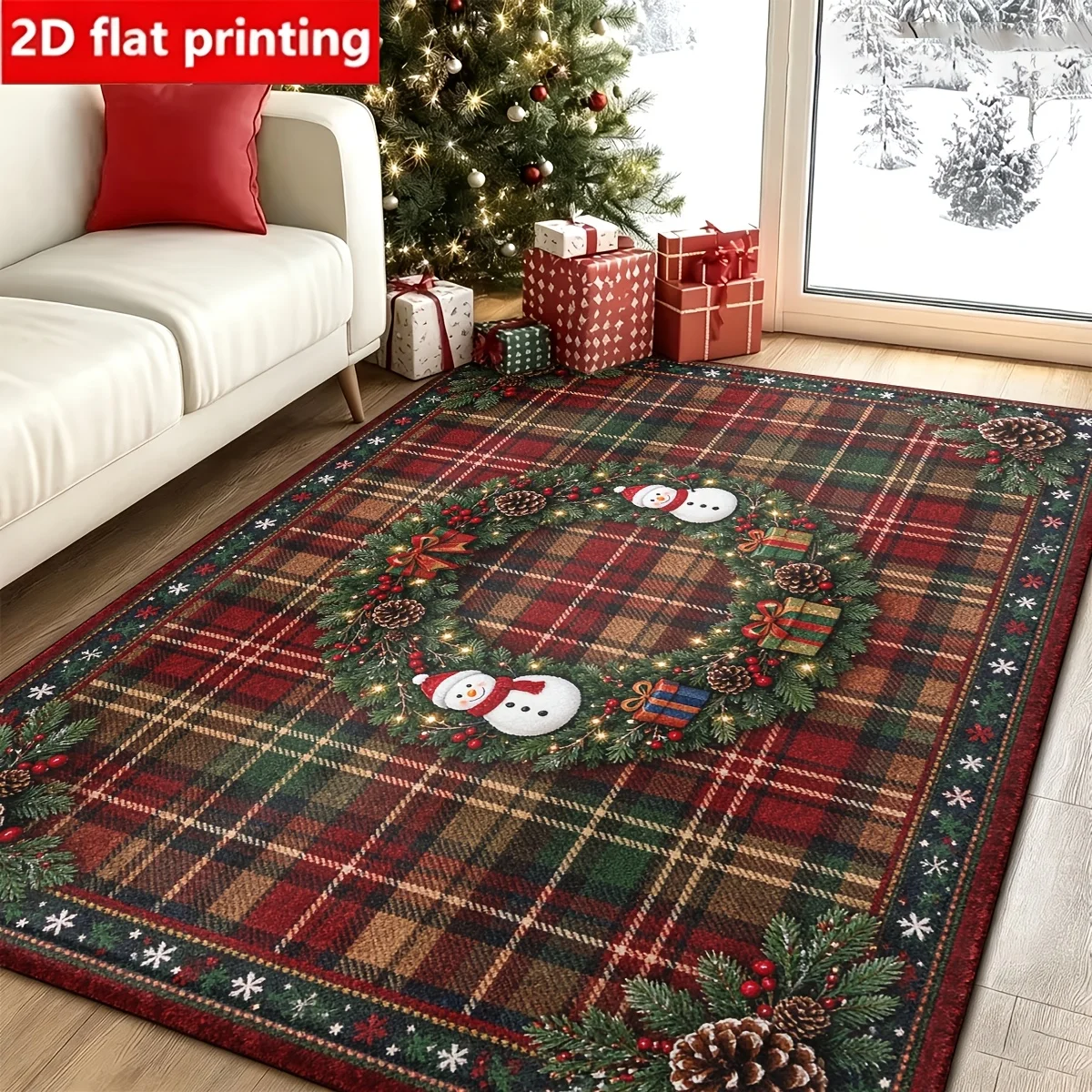1pc 2D Flat Plaid Snowman Wreath Pine Cone Christmas Printed Floor Mat, Decorative Rug for Living Room, Bedroom, Home
