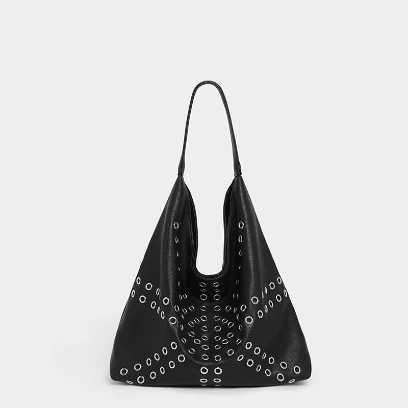 

Hollow Metal Studded Underarm Shoulder Bag,Punk Edgy Corn Rivet Women Handbag,Soft PU Vintage Motorcycle Style Everyday Tote Bag