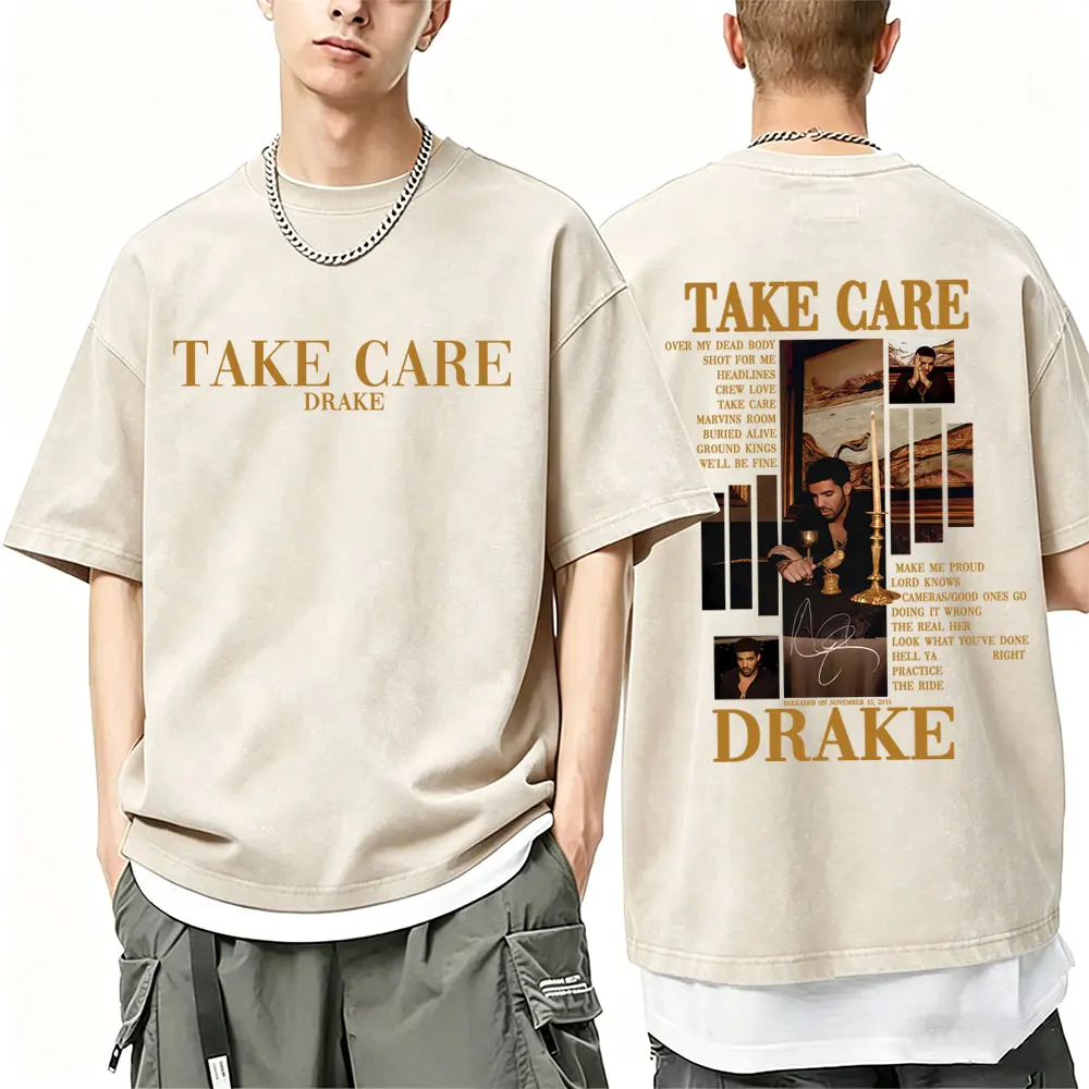 

Washed Vintage Rapper Drake Take Care Album Graphic T-shirt Men Hip Hop Fashion Pop Music T-shirts Men's Casual Cotton T Shirt