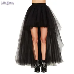 MisShow Hi-Lo Gothic Punk Tutu Skirt Soft Tulle Elastic Waist High Low Mesh Net Halloween Cosplay Costume Maxi Women Dress