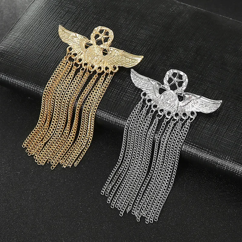 European and American temperament men's fringed fashion brooch Internet celebrity street shot tide pure metal chain pin suit acc