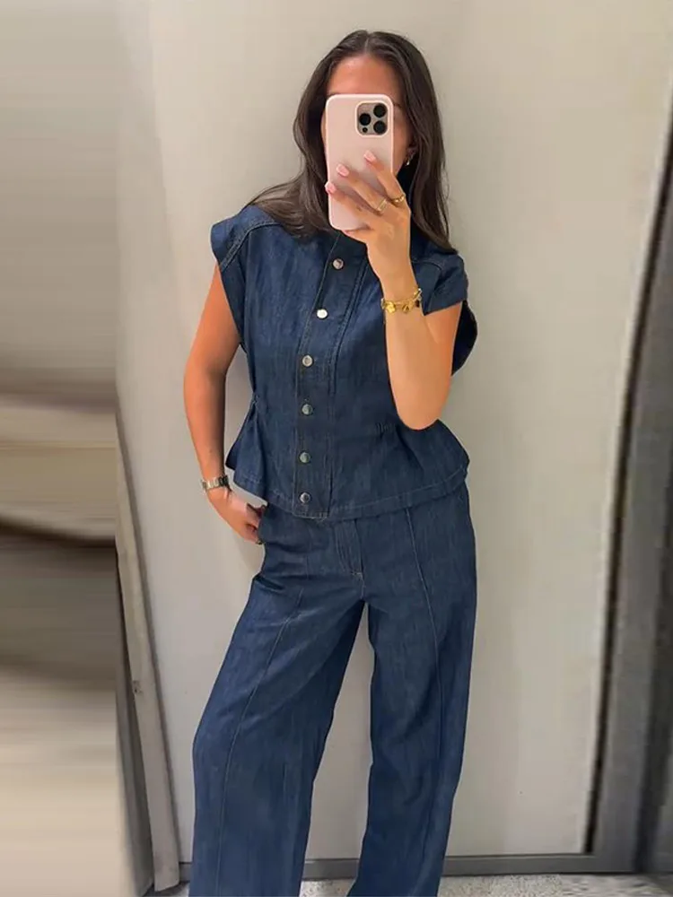 Ärmelloses Jeanswesten-Hosen-Set für Damen mit elastischem Bund, Stehkragen-Oberteil mit Knopfleiste und gerader Hose – Schickes Streetwear-Outfit für die moderne Dame – Detail 5