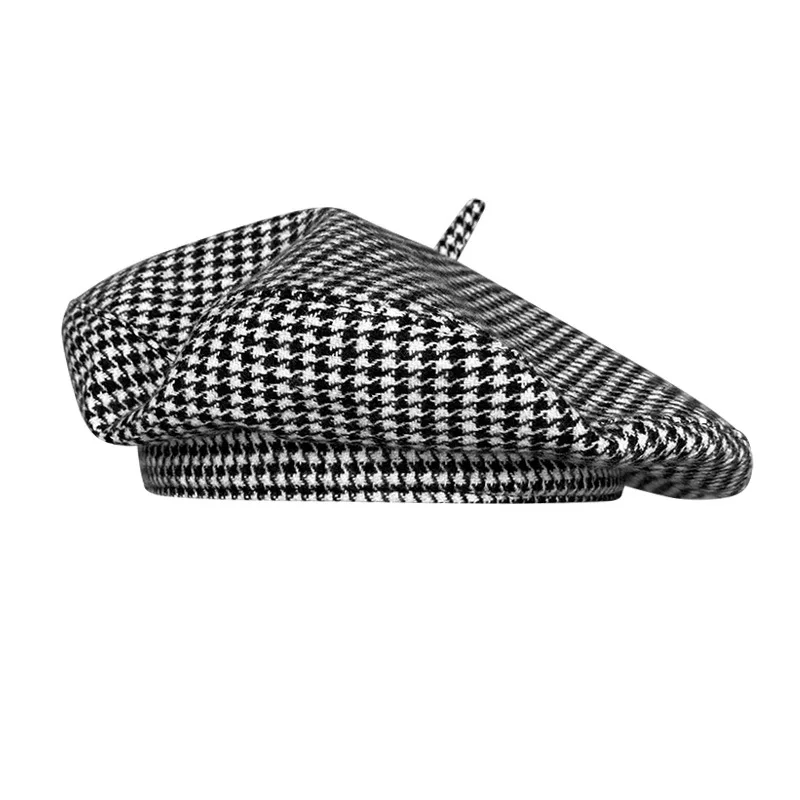 Women's Wool Blend Beret Hat Asian & British Style Vintage Check Pattern Versatile Painter Cap (UFO Hat Design)