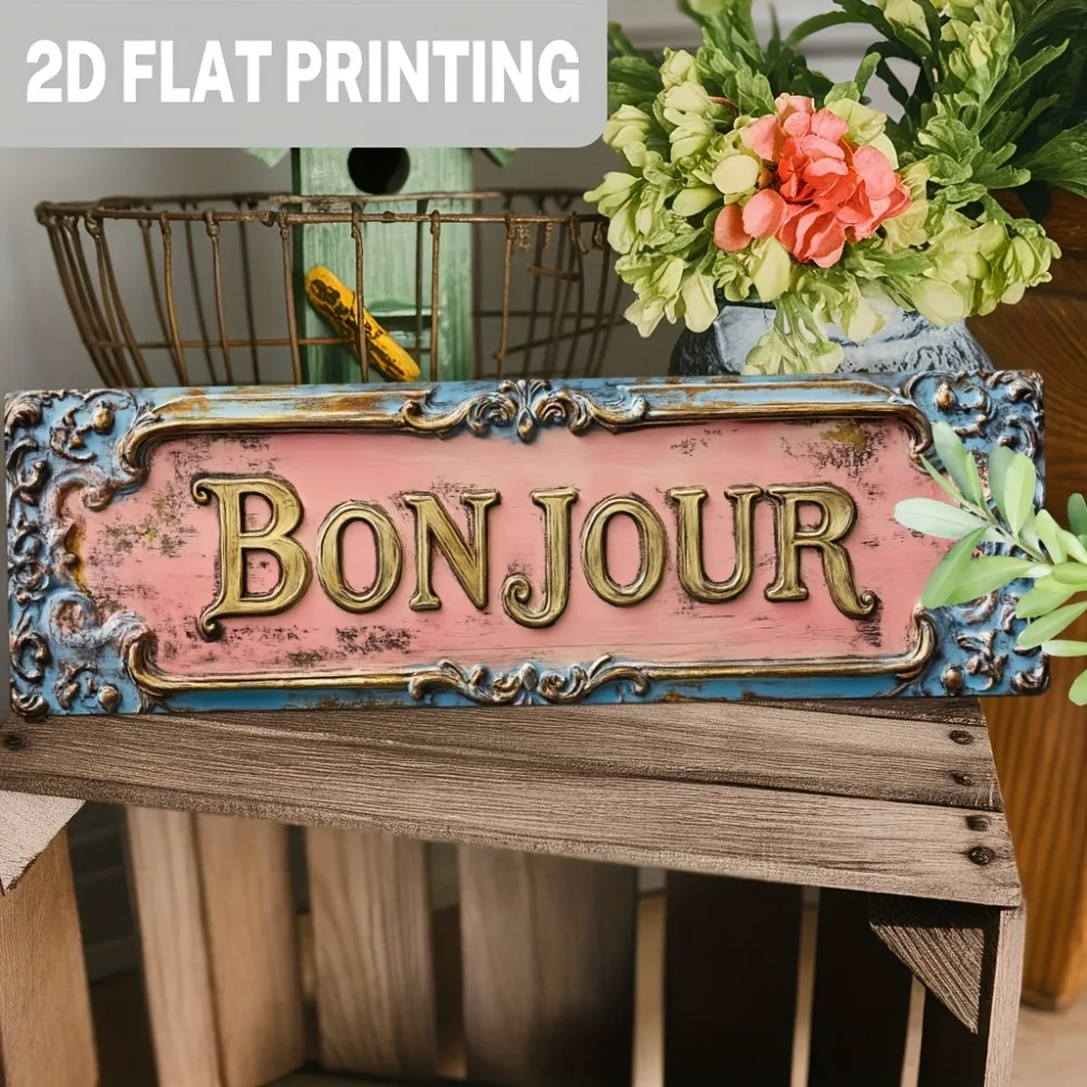 Französisches Vintage-Holzschild „Bonjour“ – 5 x 16 Zoll Pariser Blumen-Café-Dekor, Wohnzimmer-Schlafzimmer-Kunst