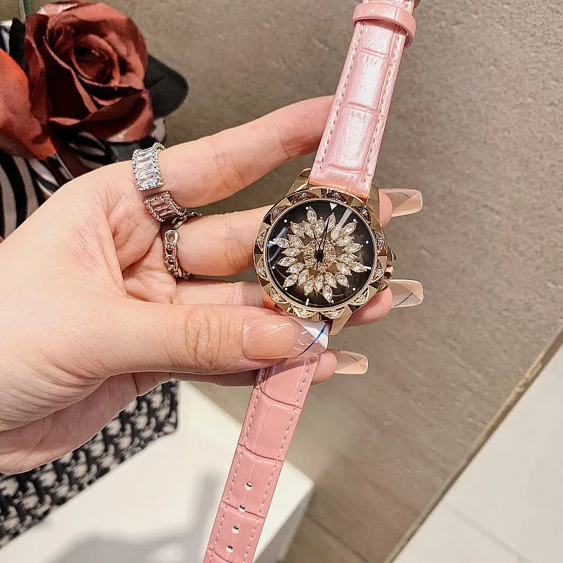 New Korean Diamond Studded Quartz Watch for Women with Rotating Dial and Glossy Leather Strap Waterproof