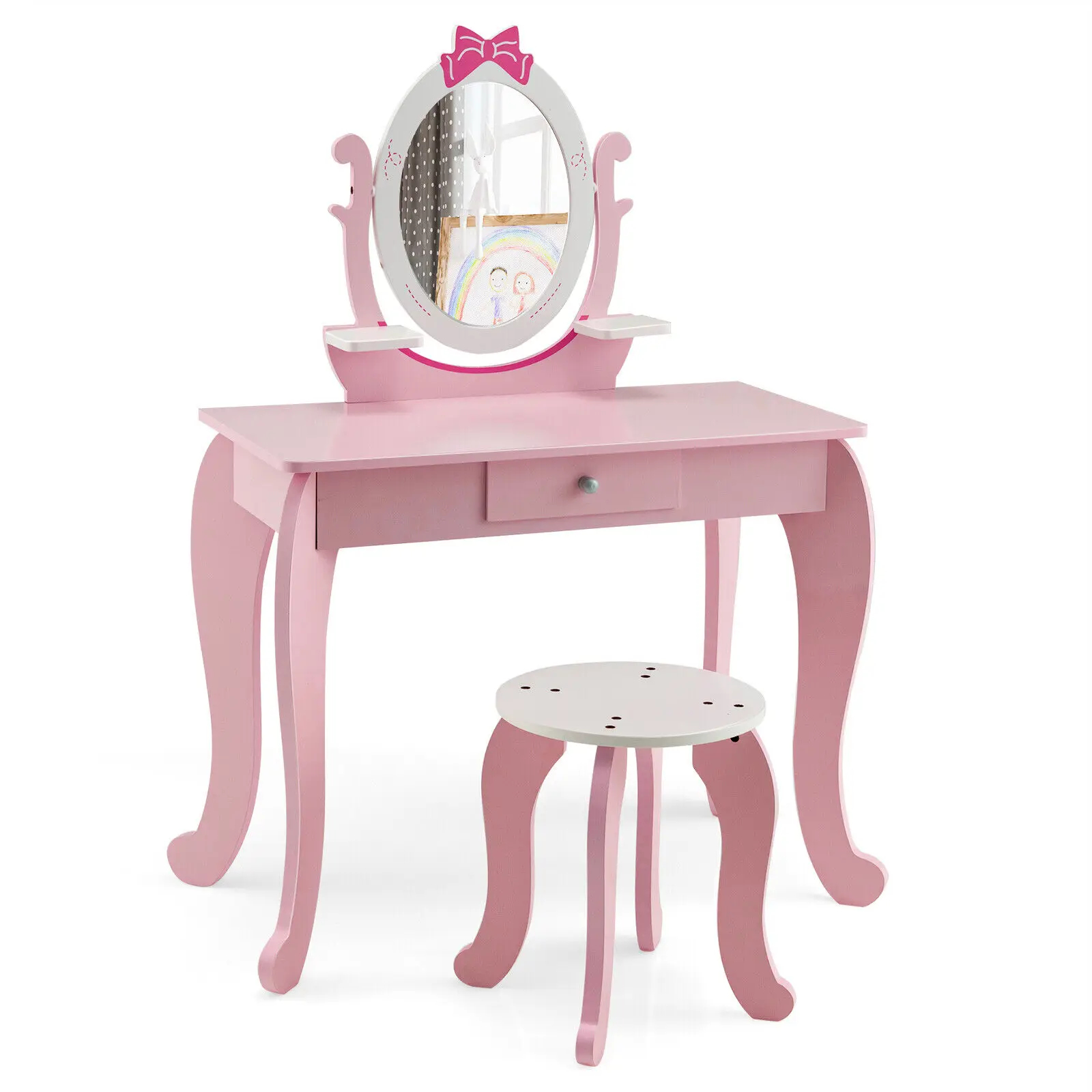 Babyjoy Kid Vanity Table Stool Set with Adjustable Mirror Storage Drawer Makeup Pink