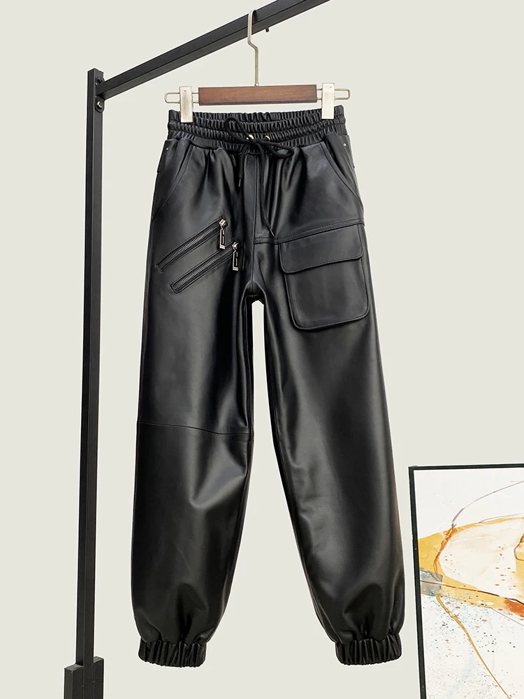 High Quality Genuine Real Leather Pants Women's Winter New Loose Waist Fashion All-Match Cropped Skinny