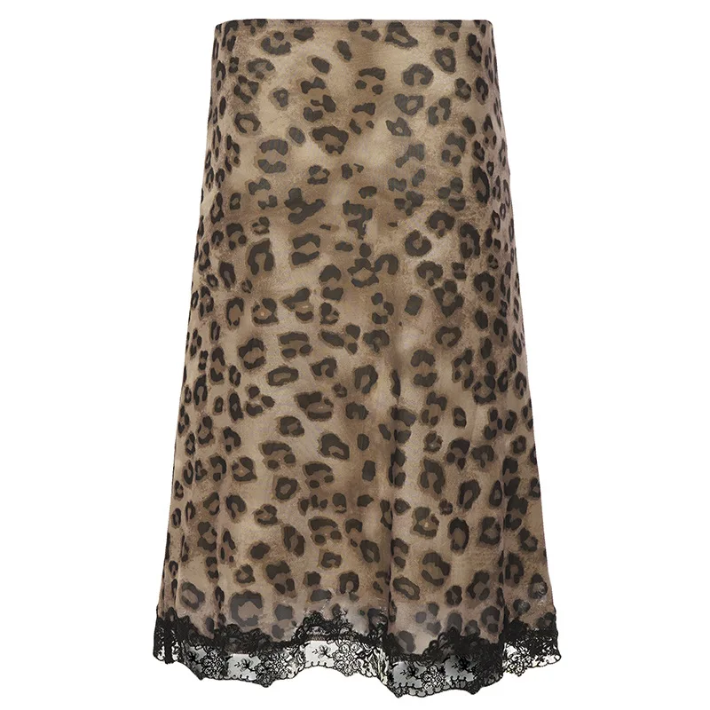 Fashion leopard print lace patchwork mesh street style casual spicy girl versatile mid length skirt