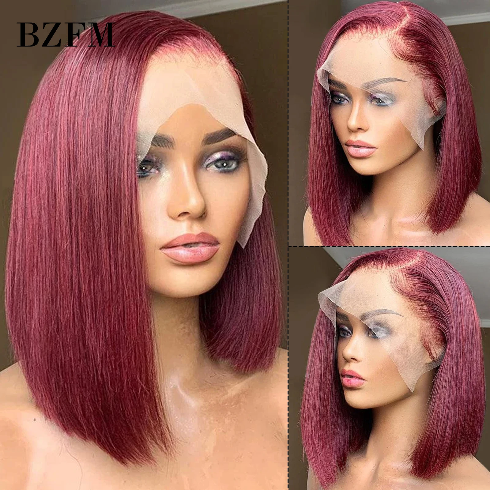 Short Straight Bob 100% Human Hair Wigs for Black Women 180 Density 13x4 Lace Frontal Wig 99J Burgundy Colored Lace Front Wigs