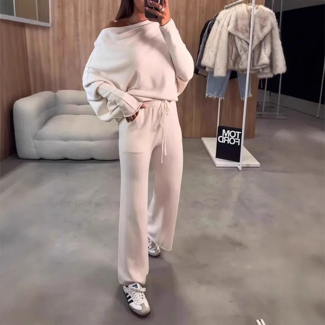 

Women Pant Set Two Piece Sets Tracksuit Round Neck Sweatshirts Jogger Lace Up Elastic Waist Long Pants Sport Loose Matching Sets