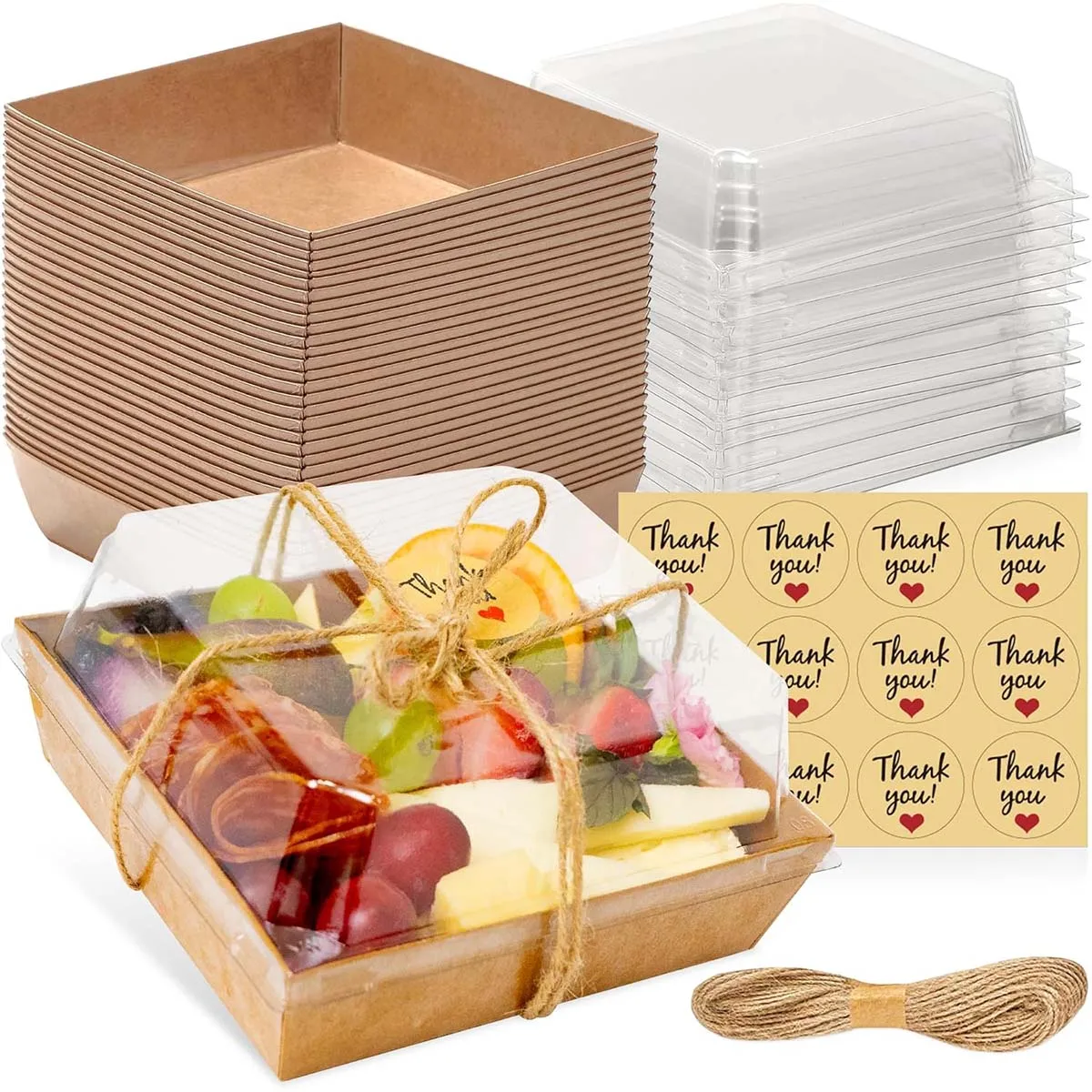 Kraftpapier-Verpackungsbox (mit transparentem Deckelaufkleber), Einweg-Lebensmittelbehälter, geeignet für Obst, Sandwiches, Kekse.