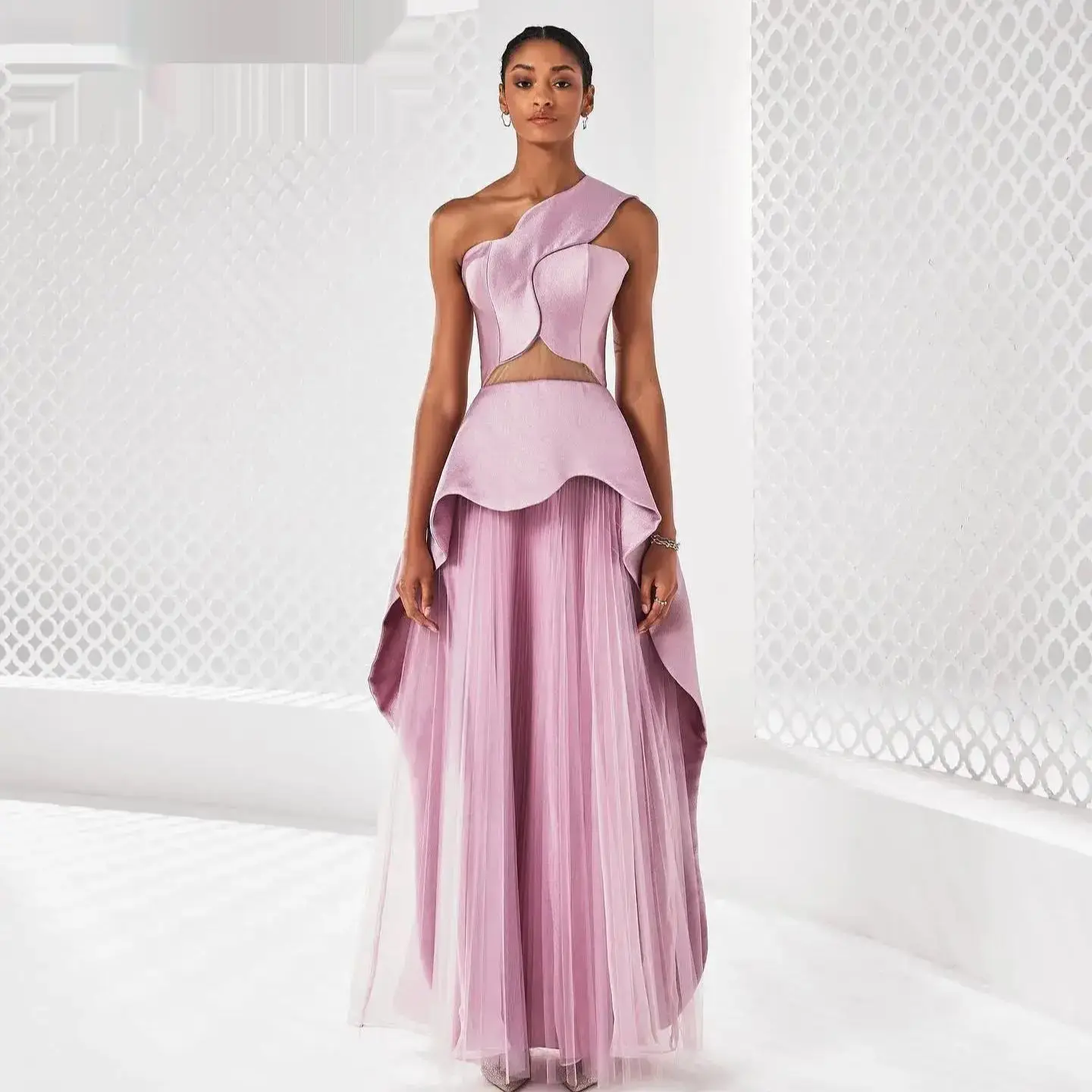 

customized Pink One Shoulder Dress Evening Dress Floor-Length Sweeping Summer Dress Dubai Ladies Elegant Party Dress 2025