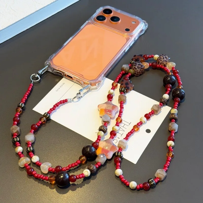 

Retro Leopard Print Beaded Mobile Phone Lanyard Fashionable Long Crossbody Pendant Versatile Anti-Lost Chain for Women