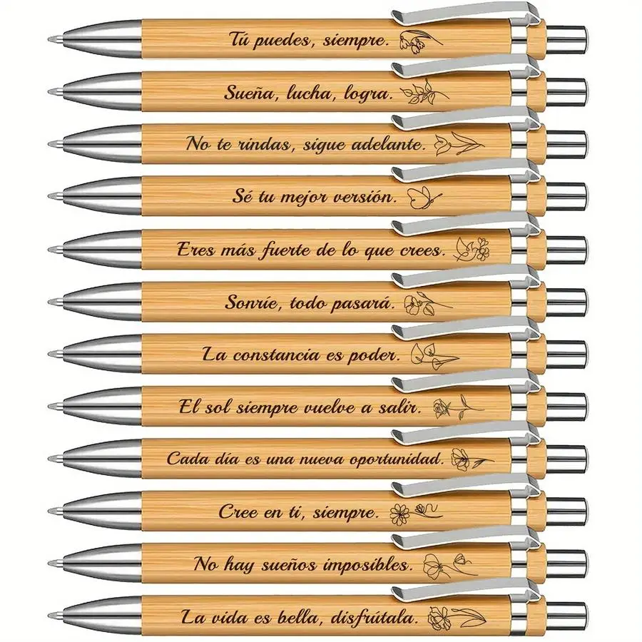 1/5/10/20/50/100pcs Set of 12 Bamboo Ballpoint Pens, Printed with Words of Encouragement in Spanish, Black Ink, Office Gifts for