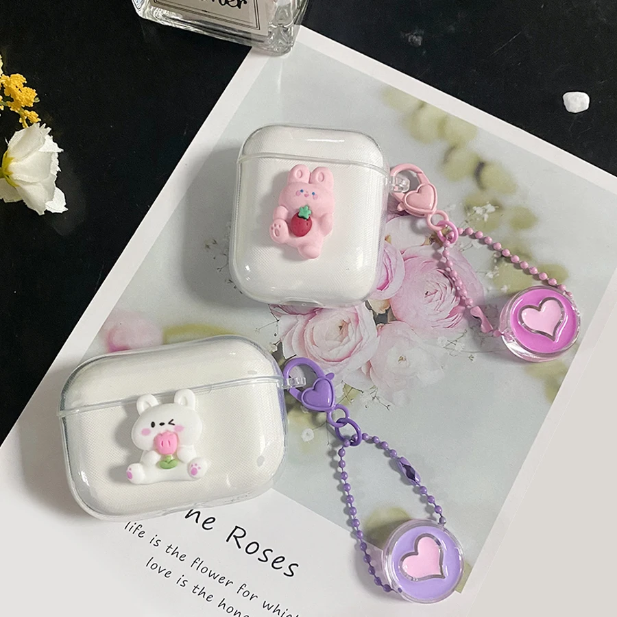 IPhone plus Pro / buds z2/n用の素敵なシリコンケース,漫画のクマ/フラワーパターン,透明なキーホルダー付き