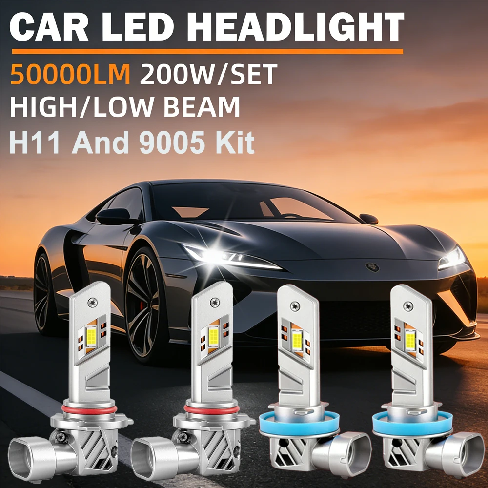 

9005 HB3 9006 HB4 LED Headlights Kit 200W 50000LM High Brightness 1:1 Halogen Size Plug&Play CANBUS No Error 6000K 12V