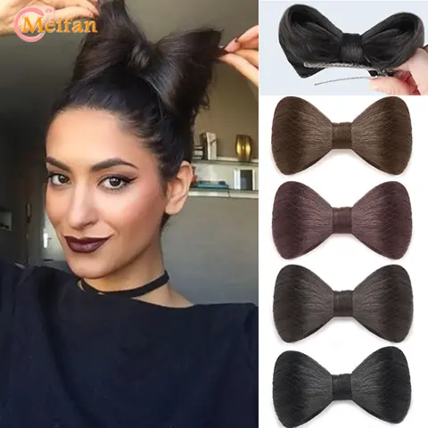 MEIFAN 합성 천연 가짜 머리 활 롤빵 푹신한 발톱 Chignon 스트레이트 Updo 헤어 피스 고온 Kittybow 스타일링 도구