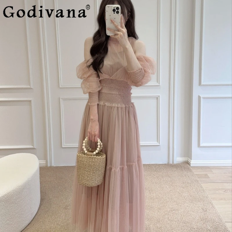 

Sweet Waist Cinching Puff Sleeve Dress Female Pure Desire Off Shoulder Pink Dress Women's Japanese Style Princess Dress