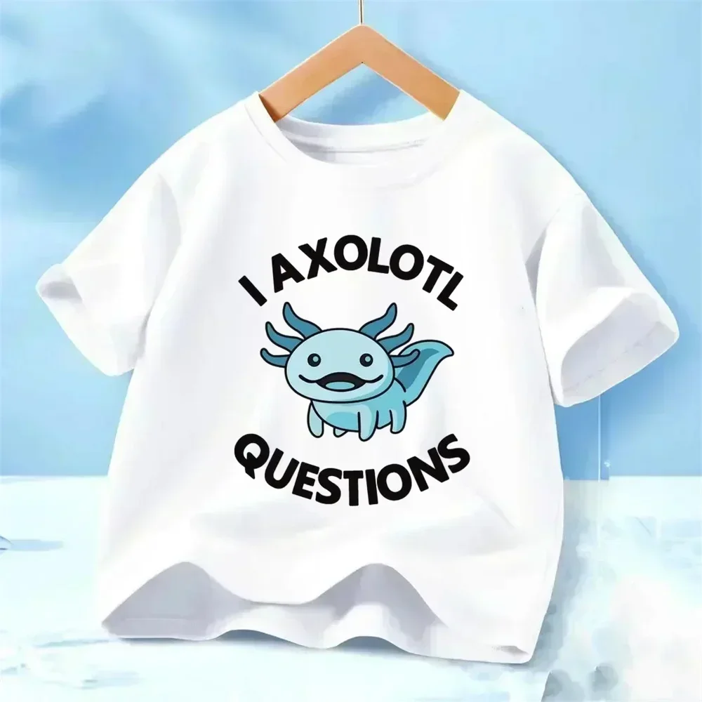 Cute Axolotl Questions Print Boys T-shirt Casual Comfy Short Sleeve Crew Neck Top Kids Summer Clothing Creative Graphic Tee