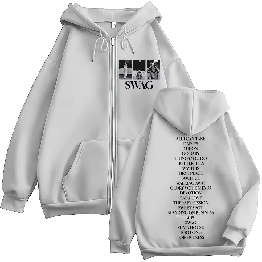Rapper Justin Bieber SWAG Album 2025 Jaket Hoodie Zip Up Pria Pakaian Retro Oversized Jaket Sweatshirt Gaya Hip Hop Hoodie Resleting