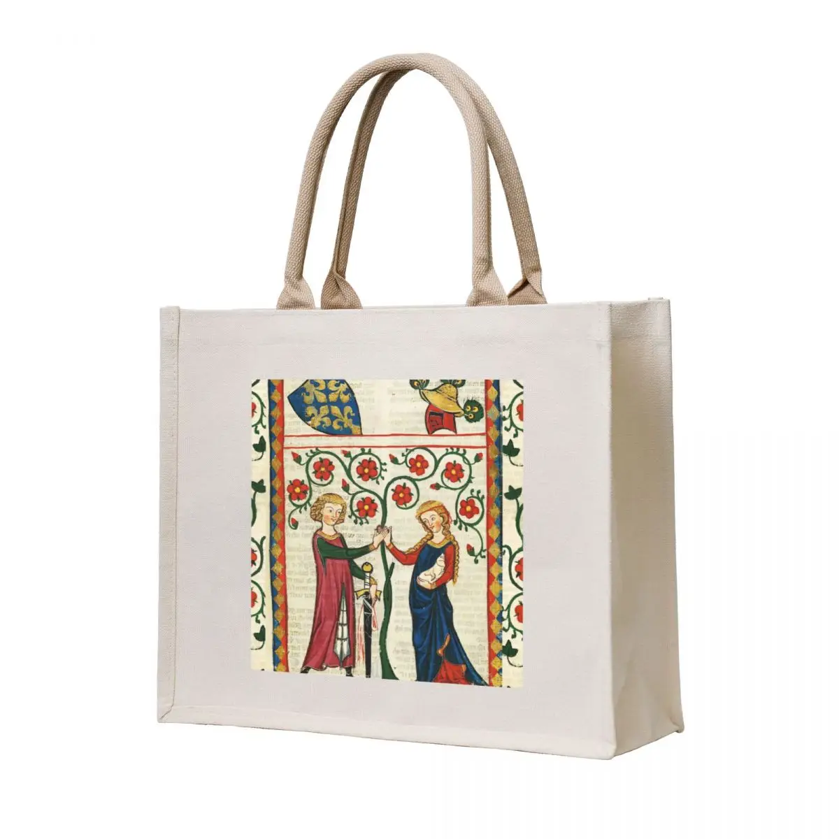 

GERMAN POET WITH HIS BELOVED LADY ,MEDIEVAL MINIATURE WITH WILD ROSES Tote Bag tote bag woman eco bag folding