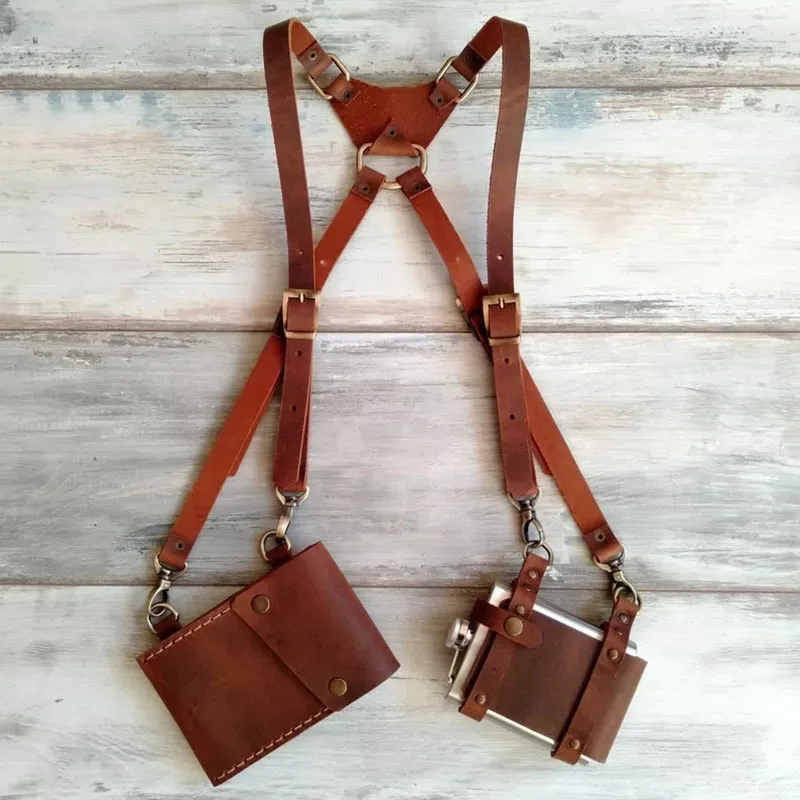 Medieval Steampunk Leather Shoulder Harness Bag Vintage Phone Money Pocket Flask Holster Viking Cosplay Festival Purse Wallet