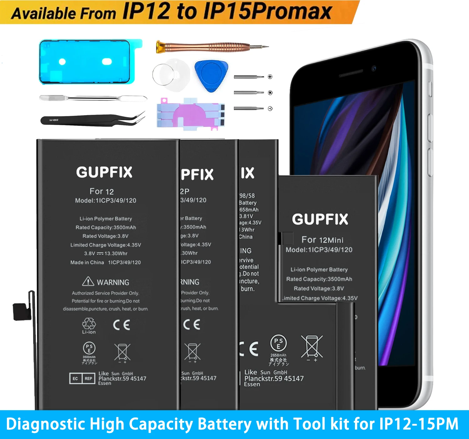 

Диагностическая замена аккумулятора большой емкости GUPFIX для iPhone 12 12Pro 11 13 12pro max 14Plus X XR с набором инструментов