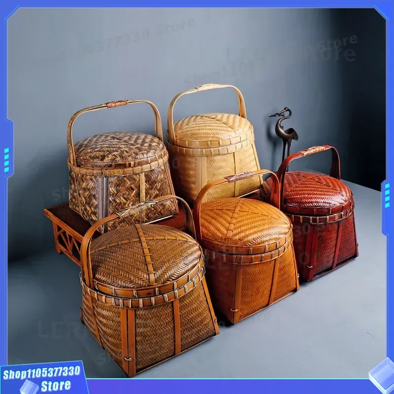 Retro Handmade Bamboo Woven Food Box With Lid Traditional Rice Basket Zen Storage Container Tea Packaging Natural Craft Gift