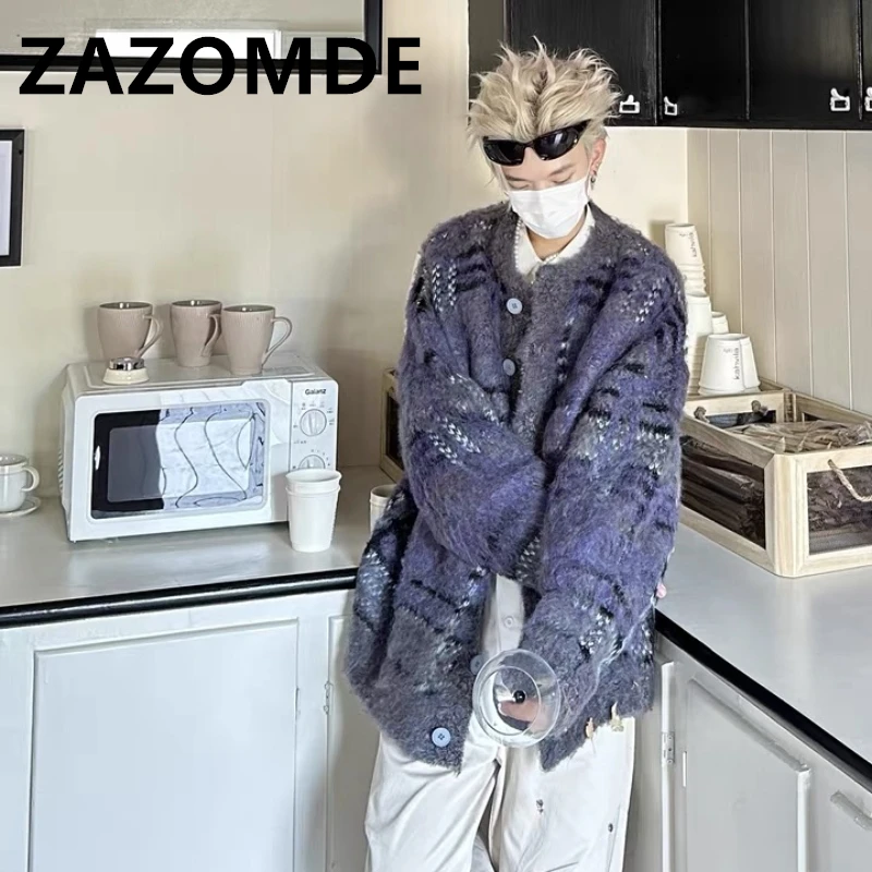 ZAZOMDE Winter Single Breasted Loose Vintage Striped Sweaters Casual Long Sleeve Jumpers Y2k Cardigan Coat Sweaters Harajuku Top