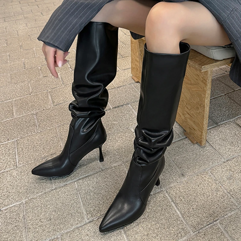 JOZHAMTA 2025 News Women Knee High Boots Pointed Toe Winter Woman Shoes High Heel Genuine Leather Long Boots Black Size 34-40