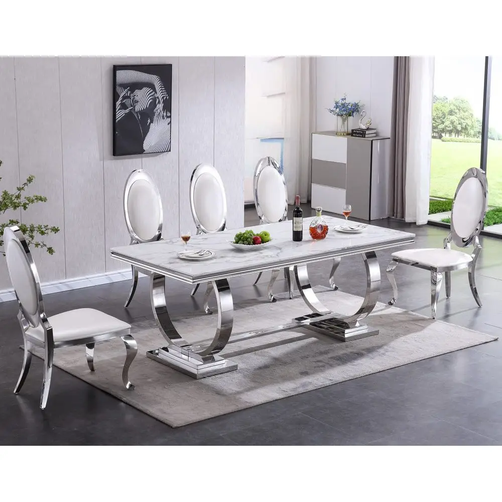 

Modern Luxury Dining Chairs Set of 4 White Leather Kitchen Dining Room Chair with Shiny Silver Stainless Steel Legs HighEnd h