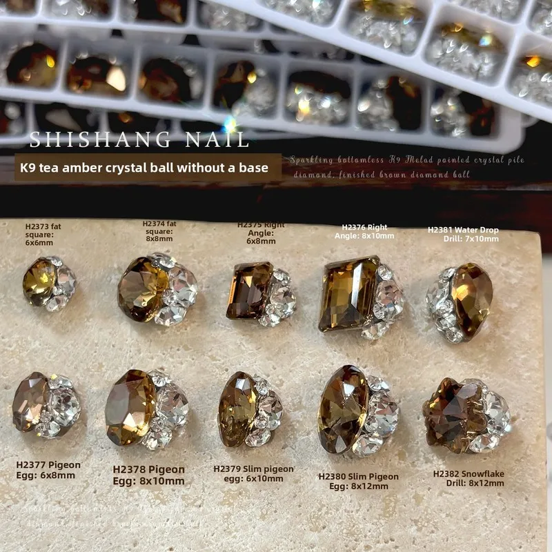 LYLE 5Pcs Tea Brown K9 Crystal Rhinestone Clusters Shiny Fat Square Pigeon Egg Teardrop Snowflake No Setting Nail Ornaments