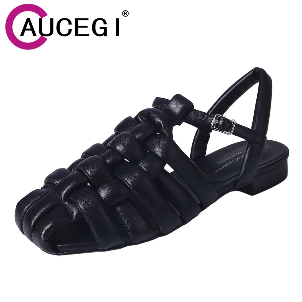 Aucegi Manual Made Genuine Leather Sandals Women Summer Square Toe Handmade Woven Flat Heel Casual Roman Dress Shoes Brown