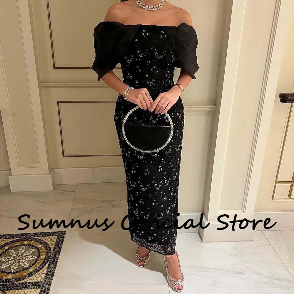 Sumnus Black Off Shoulder Mermaid Evening Dresses Luxury Sequins Beads Saudi Arabic Party Prom Dress Elegant Long Formal Gowns