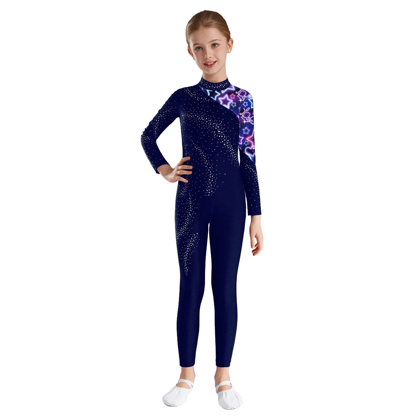 

Kids Girls Printed Jumpsuit Ballet Unitards Shiny Rhinestones Mock Neck Long Sleeve Leotard Gymnastics Figure skating Costume