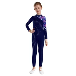 Kids Girls Printed Jumpsuit Ballet Unitards Shiny Rhinestones Mock Neck Long Sleeve Leotard Gymnastics Figure skating Costume