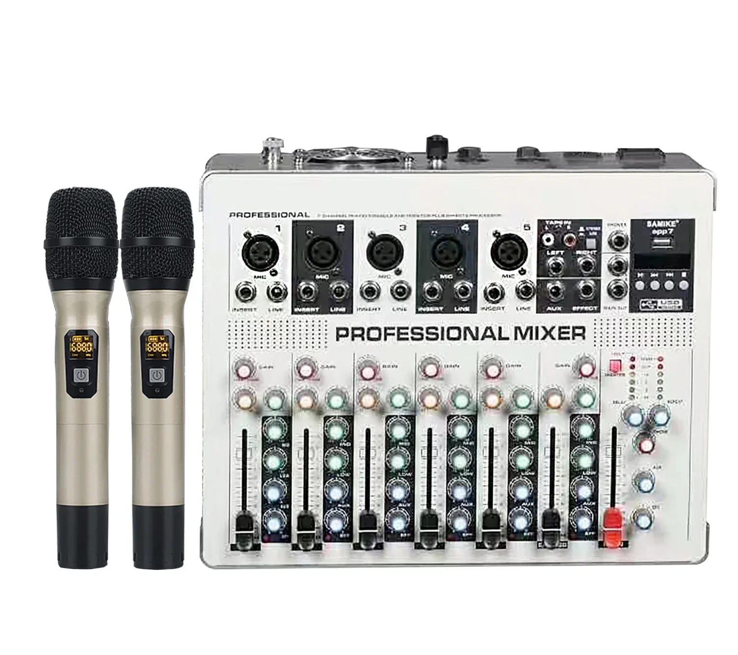 Professional 7-channel mixer with amplifier wireless microphone integrated machine suitable for karaoke stage perform Hot sales