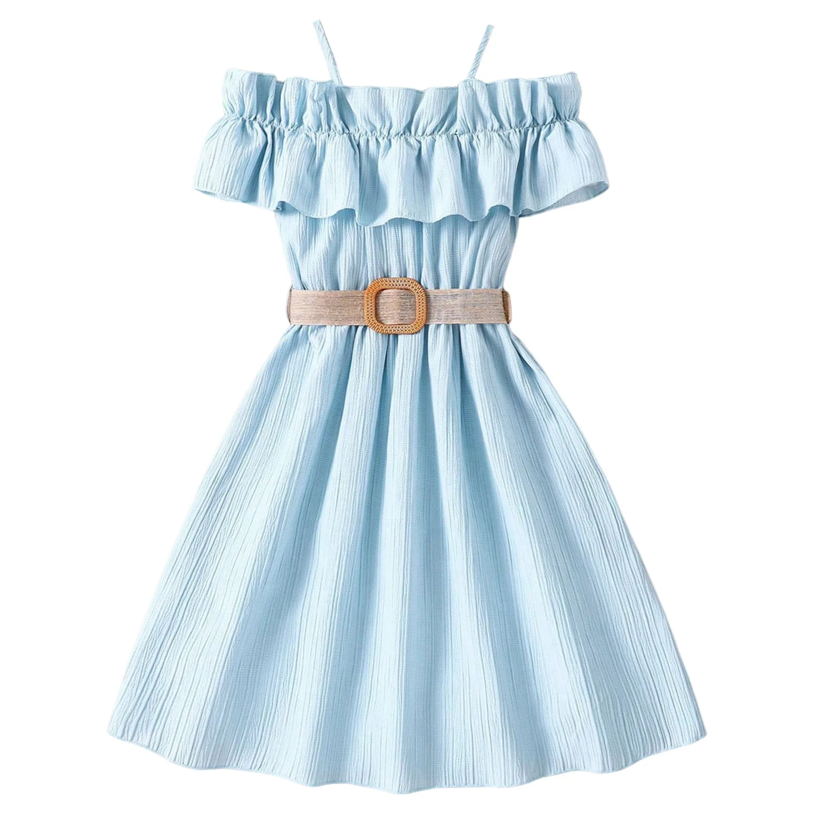 Children Kids Girls Elegant Evening Prom Dress For 7-12 Years Solid Color Sleeveless Off Shoulder Teenager Beach Dress with Belt