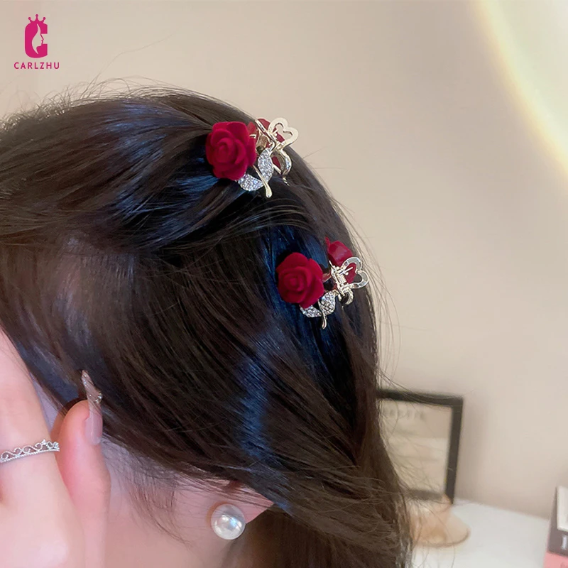 Autumn Winter Retro Rhinestone Flock Rose Blossom Small Hair Clip Hair Claw for Women Fashion Shark Clip Grab Clip Hair Jewelry