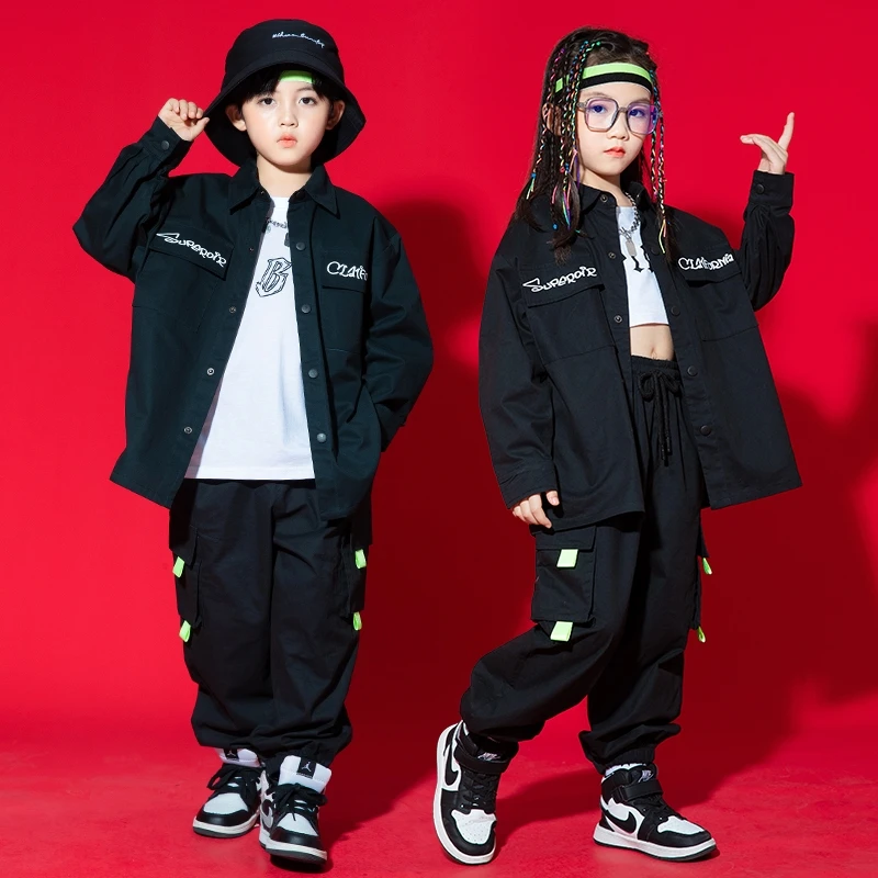 Bambini ragazzi Streetwear abbigliamento Hip Hop camicia a maniche lunghe nera pantaloni larghi primavera autunno Street Dance costumi da spettacolo teatrale