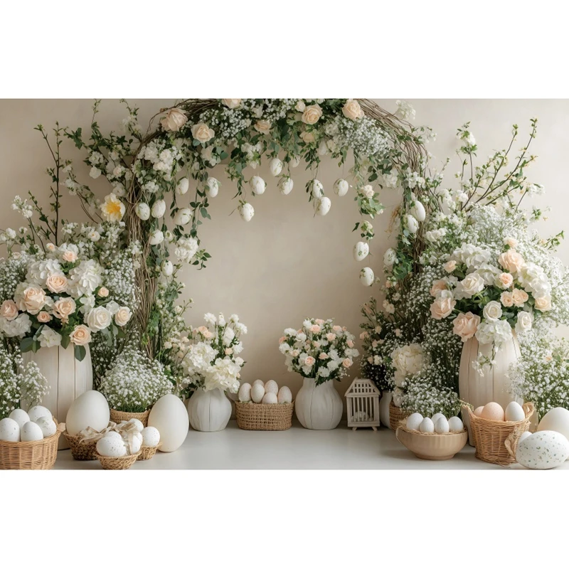 Easter Day Decorations Backdrop for Photography Interior Boho Style Flower Floral Rabbit Easter Eggs Kids Portrait Backgrounds
