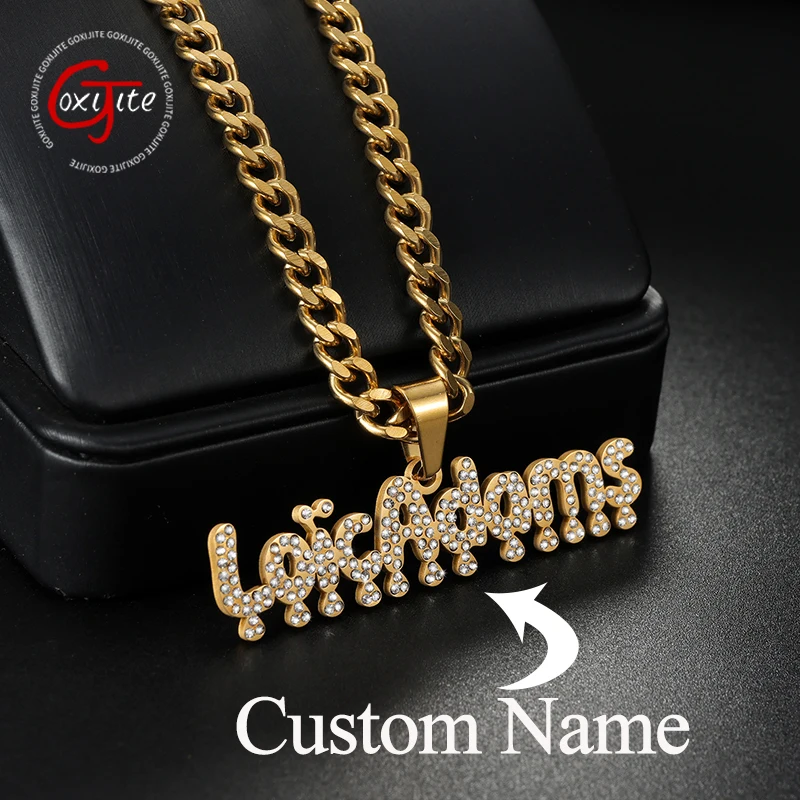 

Goxijite Shiny Nameplate Custom Name Necklace Stainless Steel Cuban Chain With Stone Pendant Men Women Personalized Gift