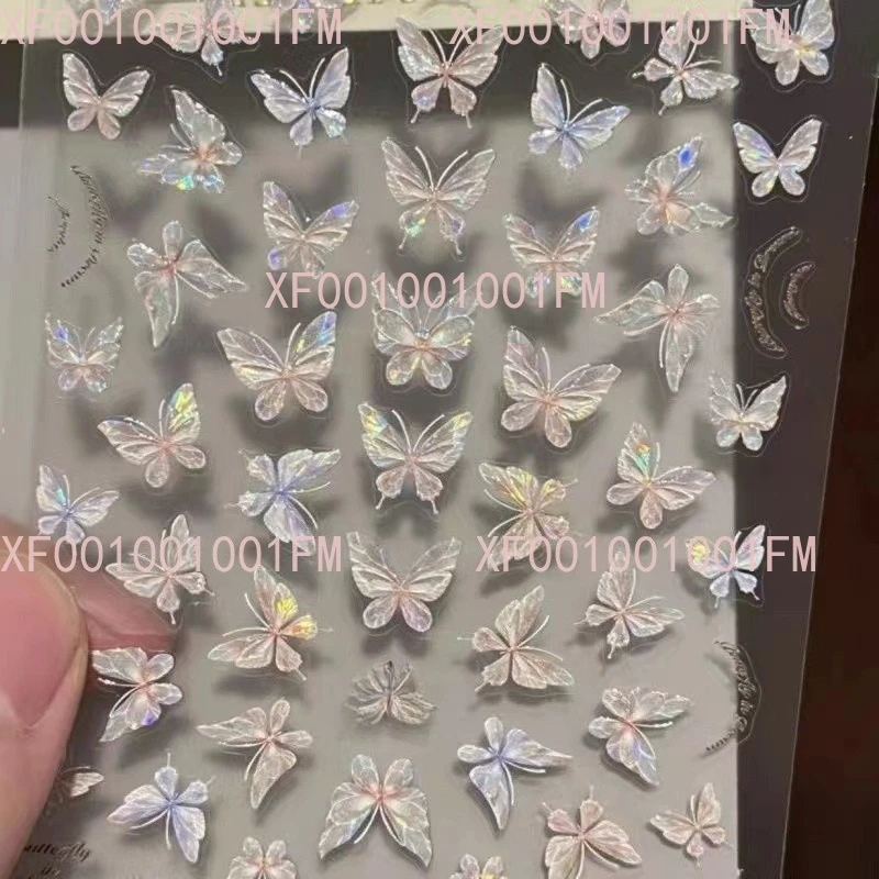 

High-End Nail Art Stickers Set - 3D Embossed Butterfly Paper & Radiant Aurora Glass Rose Designs for Manicure