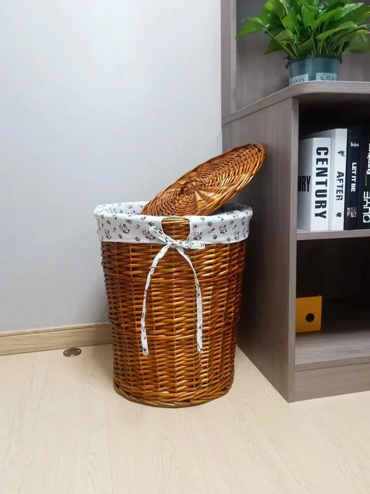 Rattan Wicker Laundry Basket Household round with Lid Storage Basket Laundry Baskets