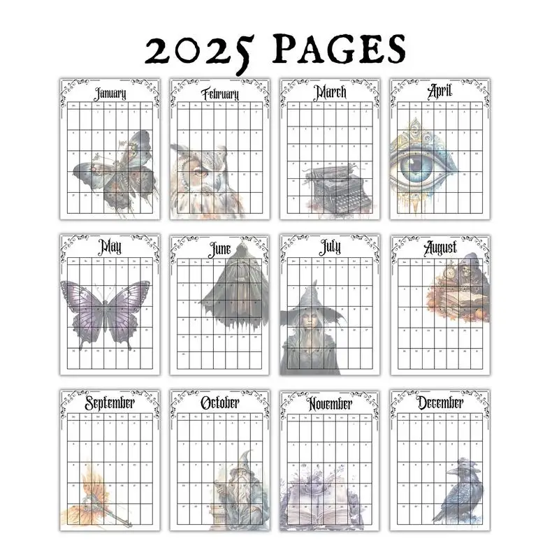 Gothic Wall Calendar, Secretária Mensal, Castelo Horror, Decorações do Dia das Bruxas, 11x9 polegadas, 2025