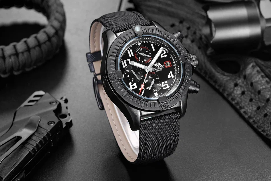 Automatic Self Wind Luminous Mechanical Canvas Style Genuine Black Blue Leather Multifunction Date Month Sport Men Watch