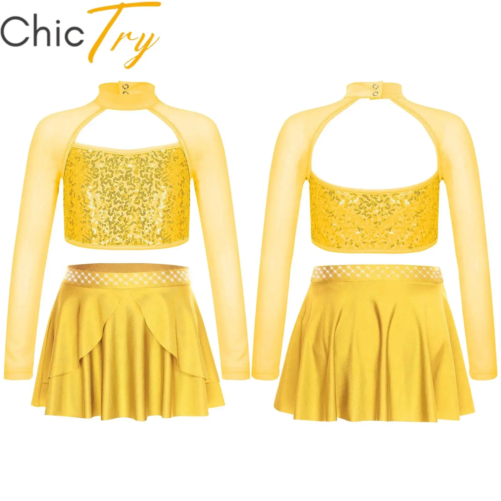 

Kids Girls Ballet Sets Latin Jazz Dancing Costume Long Sleeve Sequins Crop Top Rhinestones Irregular Hem Skirt Lyrical Outfits